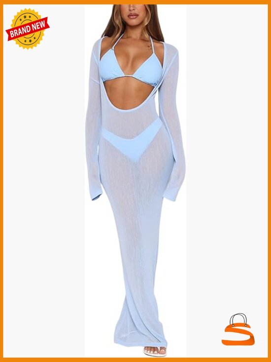 Other - Sexy Halter Triangle Thong Bikini Set with Sheer Mesh Cover Up Dress